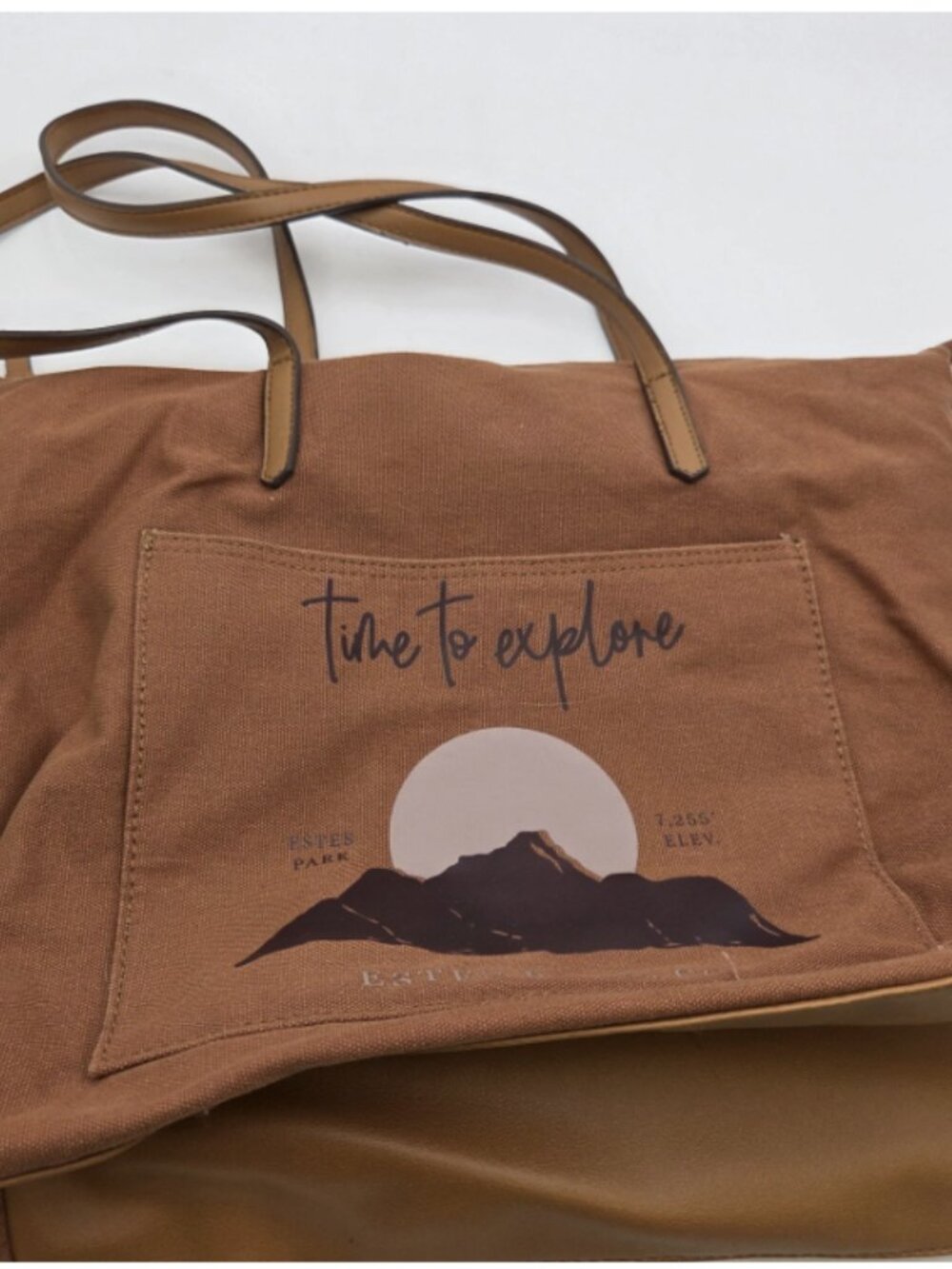 Sonoma Tote Bag Canvas Brown Zippered Lined 'Time To Explore Estes Park, CO'